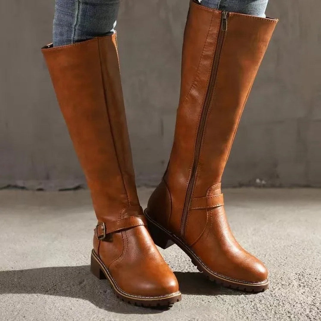 Buckle-Strap Leather-Look Knee-High Boots