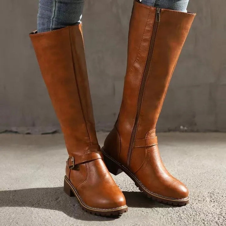 Buckle-Strap Leather-Look Knee-High Boots