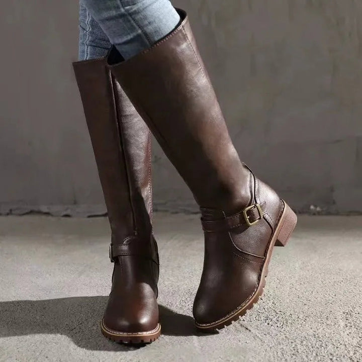 Buckle-Strap Leather-Look Knee-High Boots
