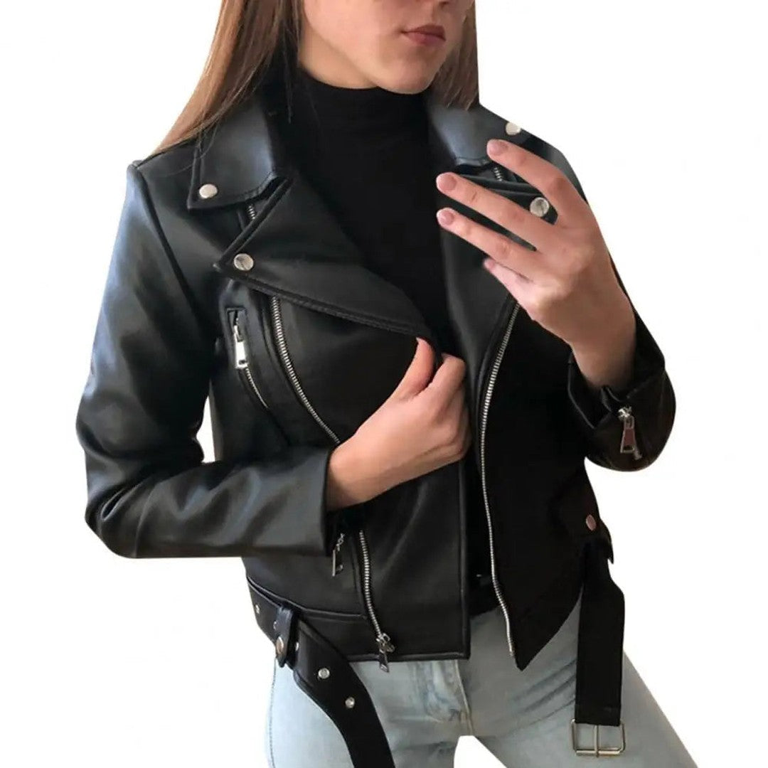 Belted Leather-Look Biker Jacket