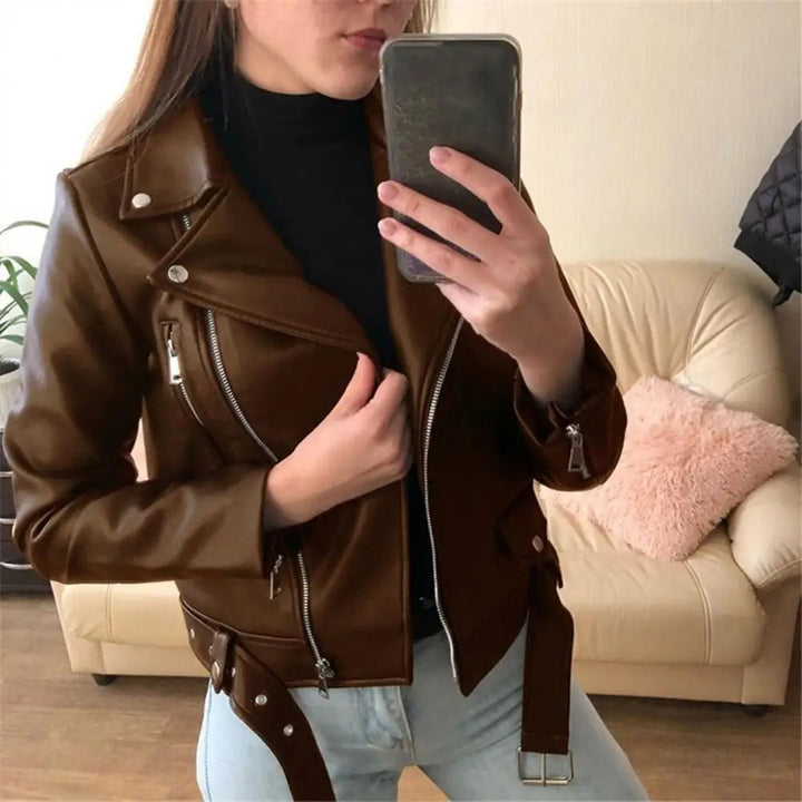 Belted Leather-Look Biker Jacket