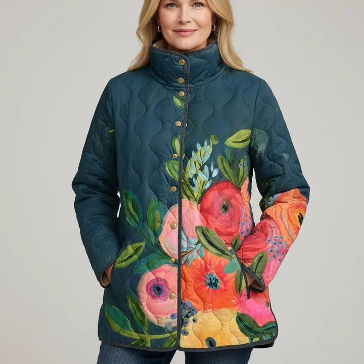 Teal Painted Floral Quilted Jacket