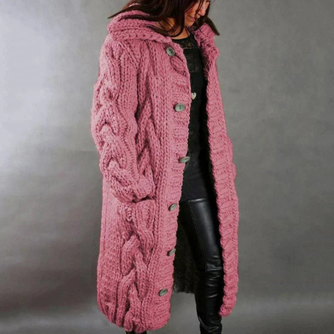 Women’s Long Cable Knit Cardigan – Chunky Hooded Winter Layer with Pockets