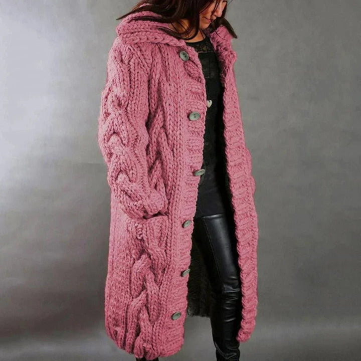 Women’s Long Cable Knit Cardigan – Chunky Hooded Winter Layer with Pockets