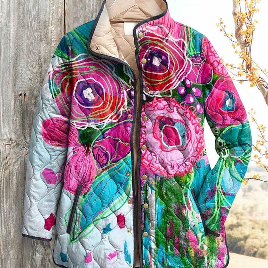 Abstract Floral Print Quilted Jacket