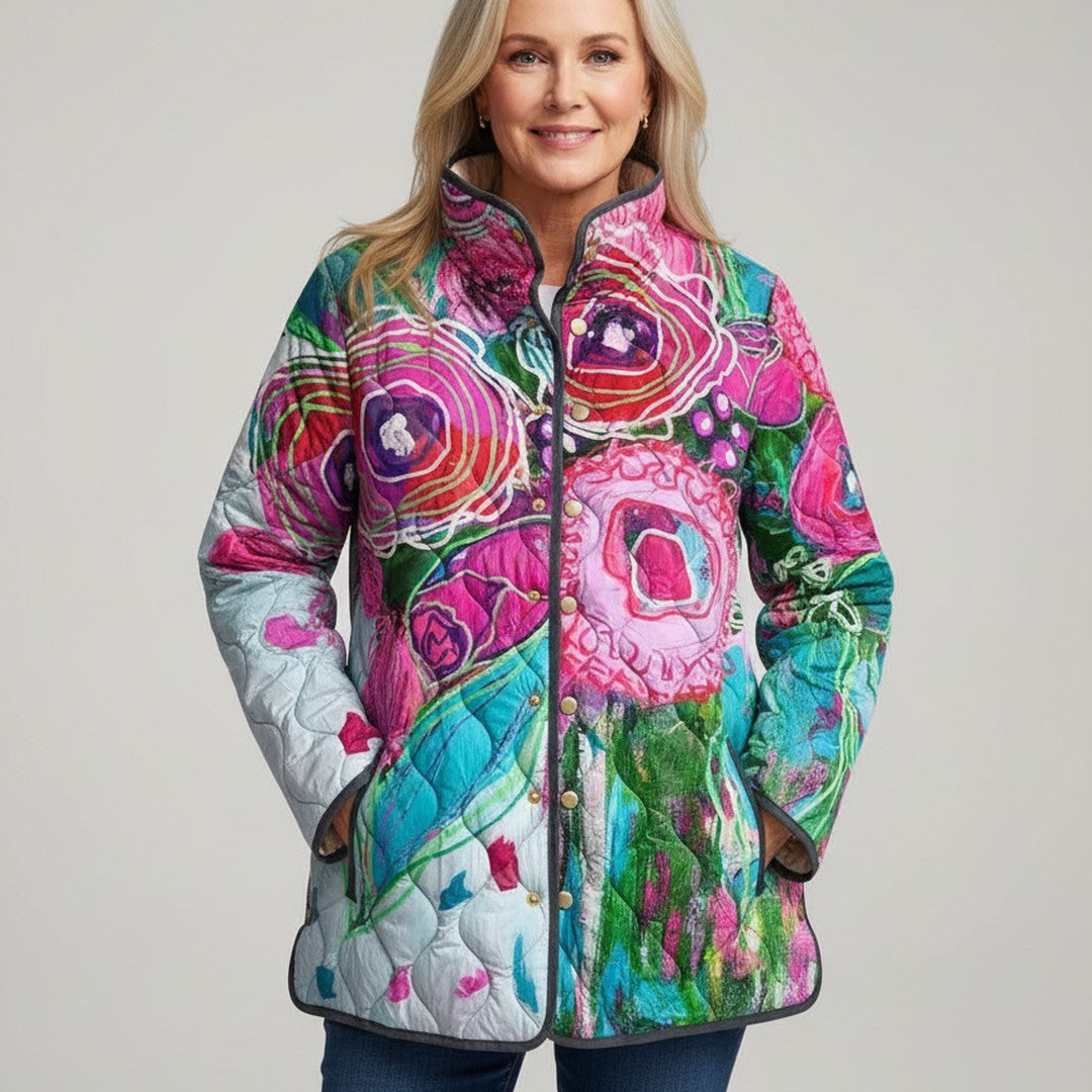 Abstract Floral Print Quilted Jacket