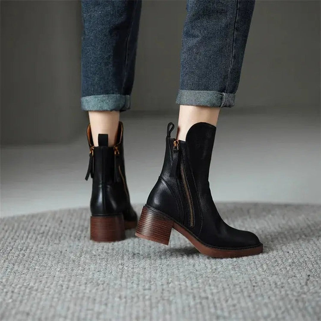 Leather-Look Side-Zip Block Heel Boots