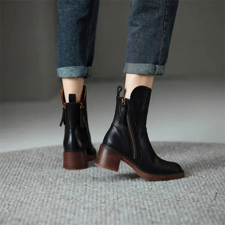 Leather-Look Side-Zip Block Heel Boots