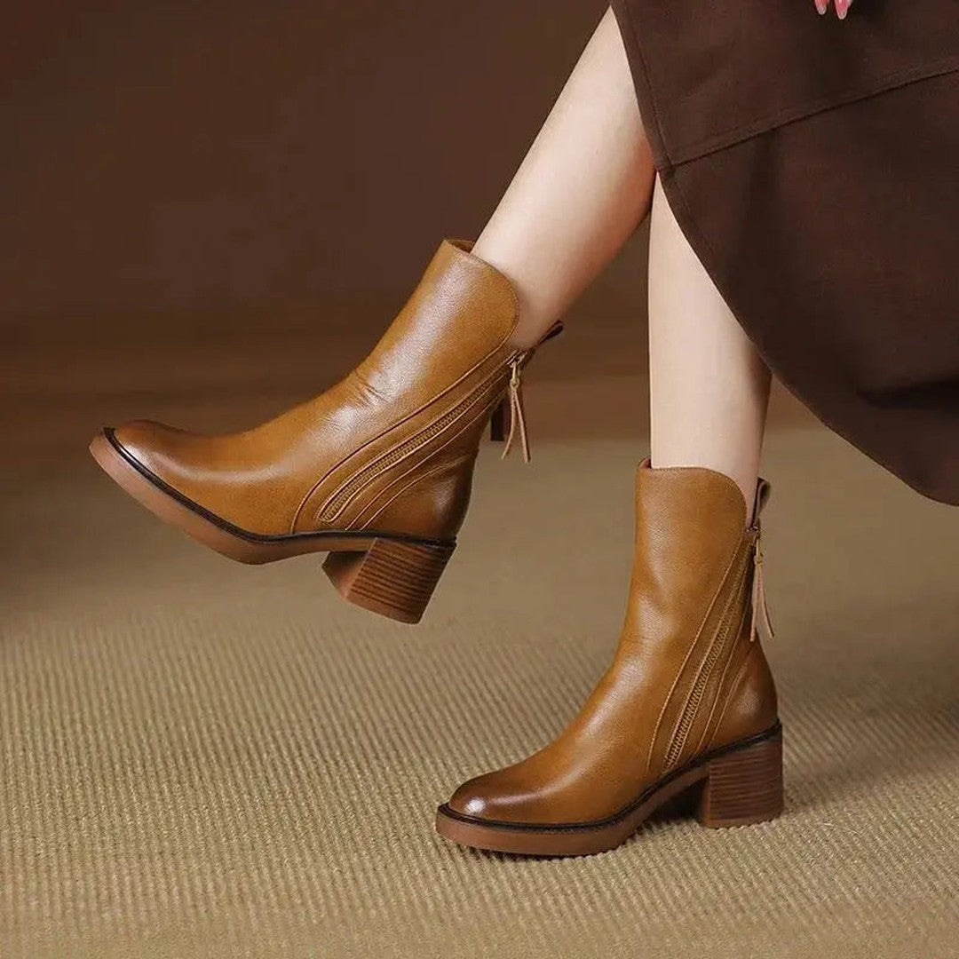 Leather-Look Side-Zip Block Heel Boots
