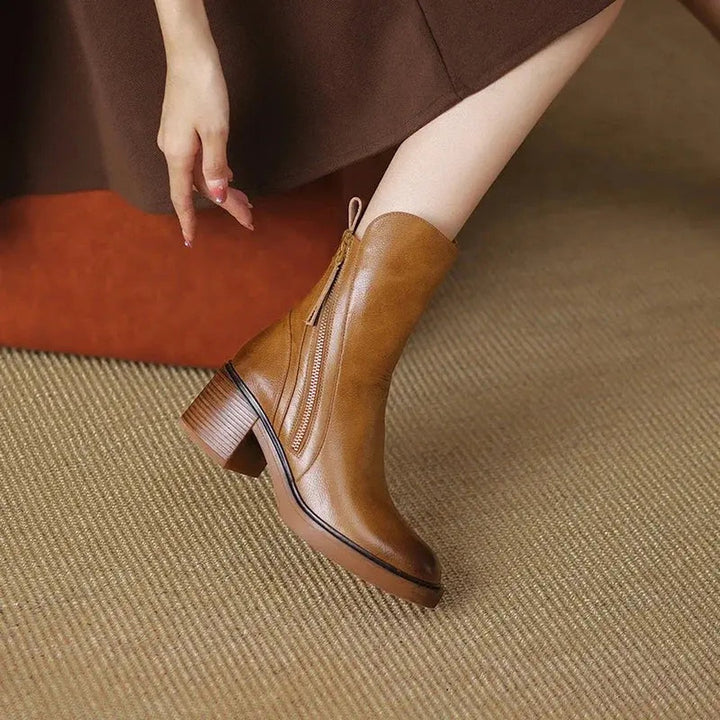 Leather-Look Side-Zip Block Heel Boots