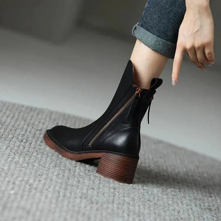 Leather-Look Side-Zip Block Heel Boots