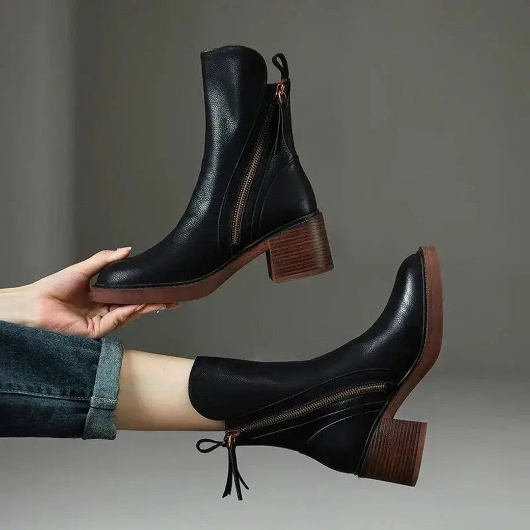 Leather-Look Side-Zip Block Heel Boots