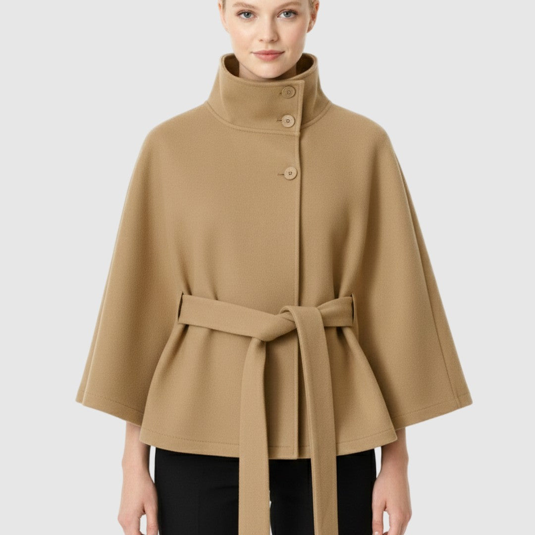 Women's Belted Wool Cape Coat with High Collar - photo 1