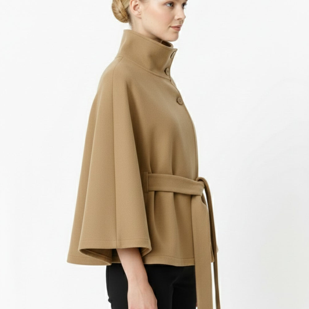 Women's Belted Wool Cape Coat with High Collar - photo 2