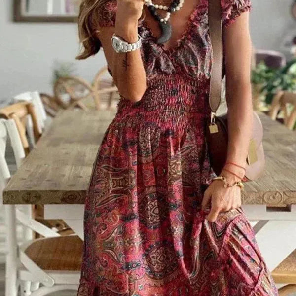 Boho Ruffle V-Neck Maxi Dress