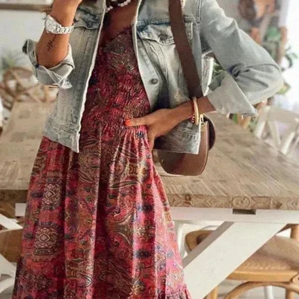 Boho Ruffle V-Neck Maxi Dress