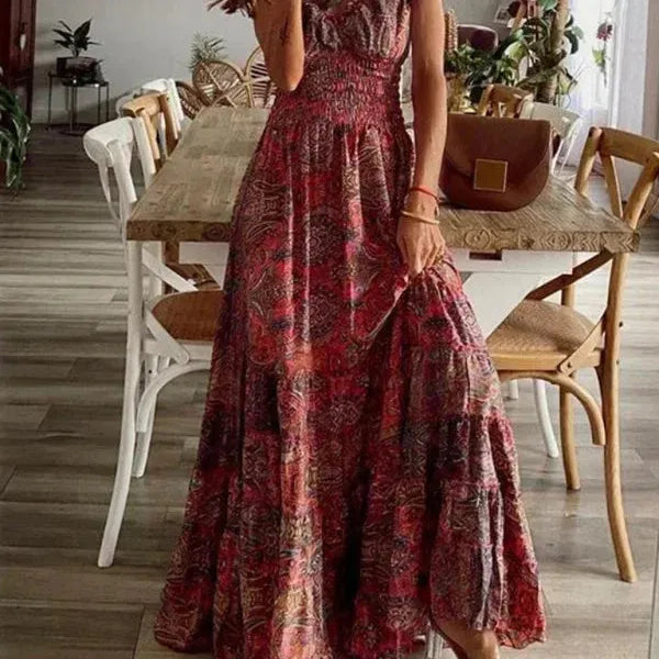 Boho Ruffle V-Neck Maxi Dress