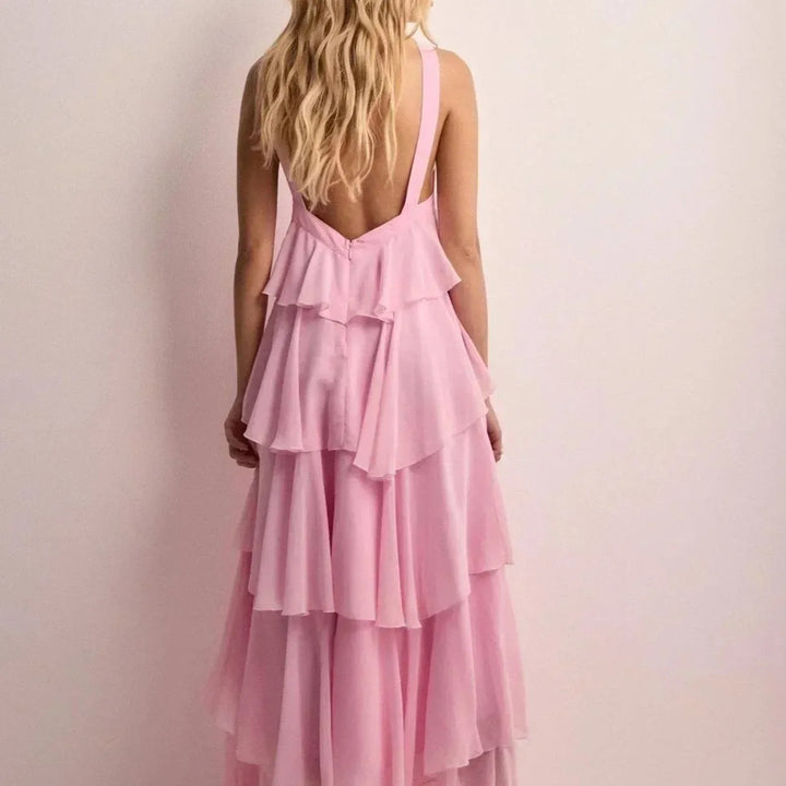 Pink Halter Maxi Dress with Ruffles