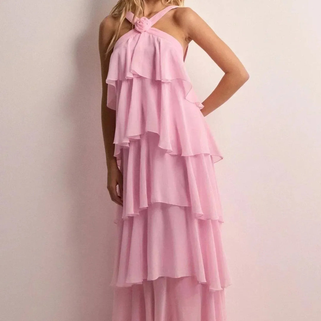 Pink Halter Maxi Dress with Ruffles
