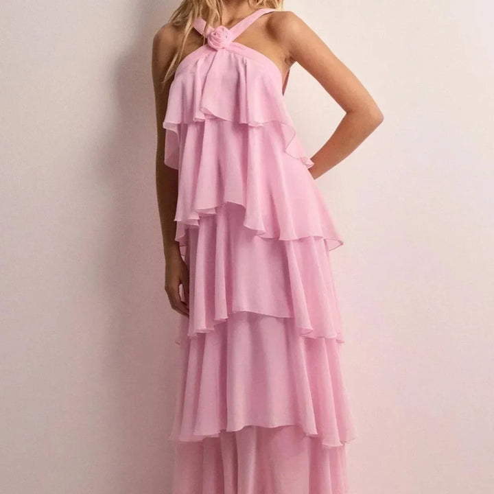 Pink Halter Maxi Dress with Ruffles