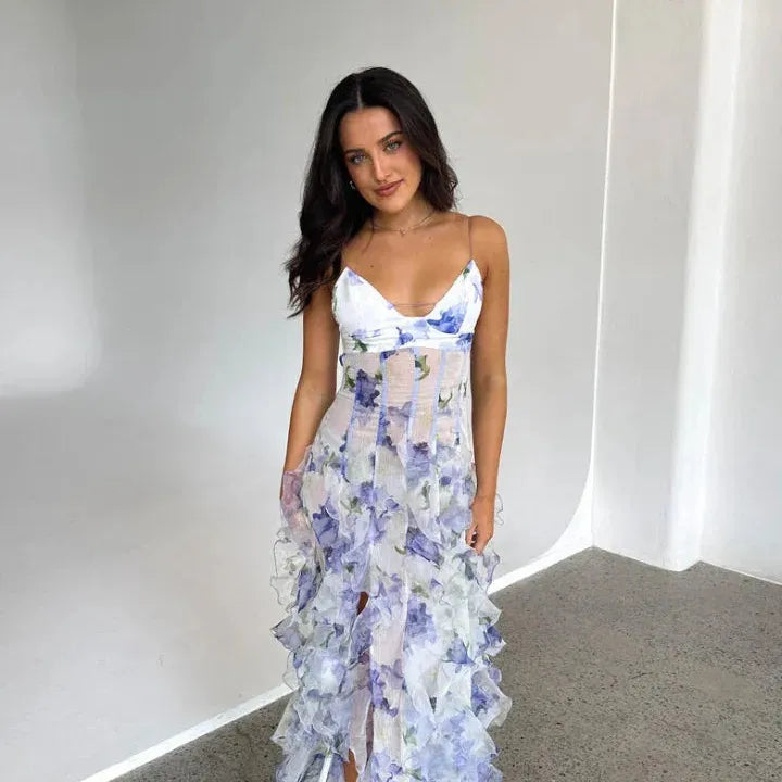 Ruffled Floral Corset-Style Maxi Dress
