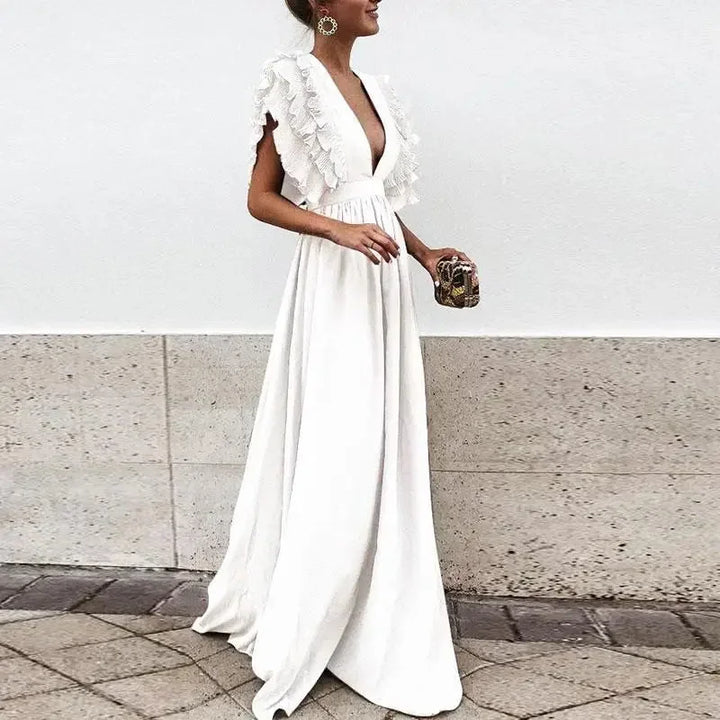 Plunging Ruffle Sleeve Maxi Dress