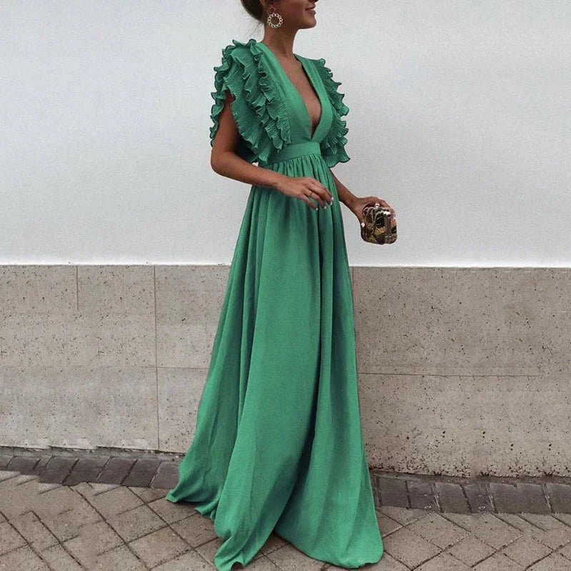 Plunging Ruffle Sleeve Maxi Dress