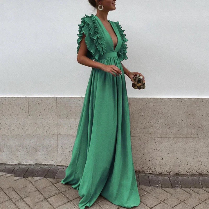 Plunging Ruffle Sleeve Maxi Dress