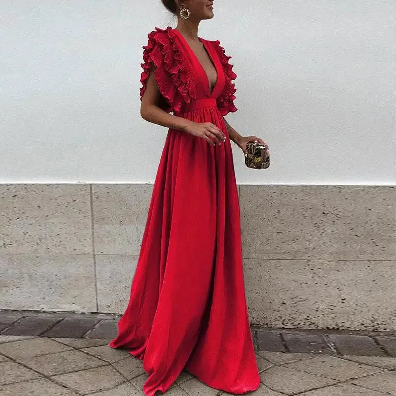 Plunging Ruffle Sleeve Maxi Dress