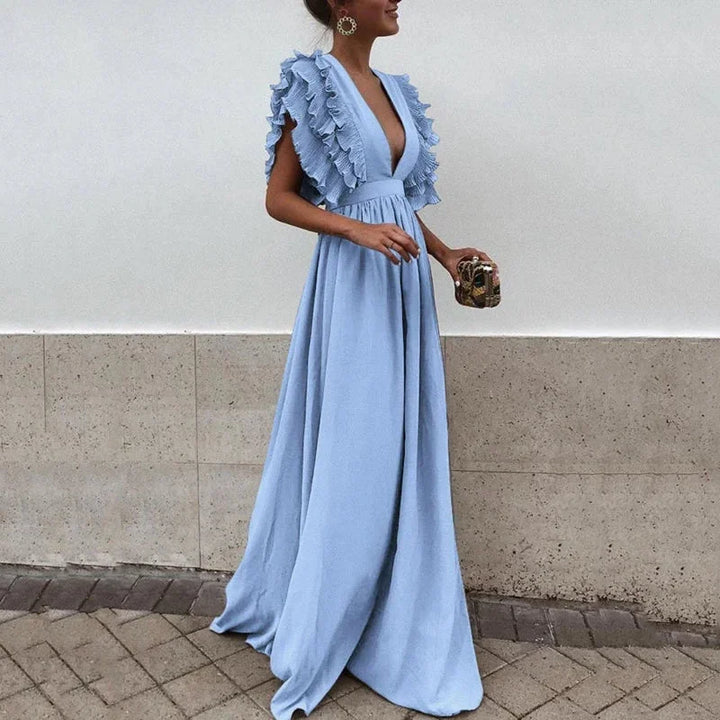 Plunging Ruffle Sleeve Maxi Dress