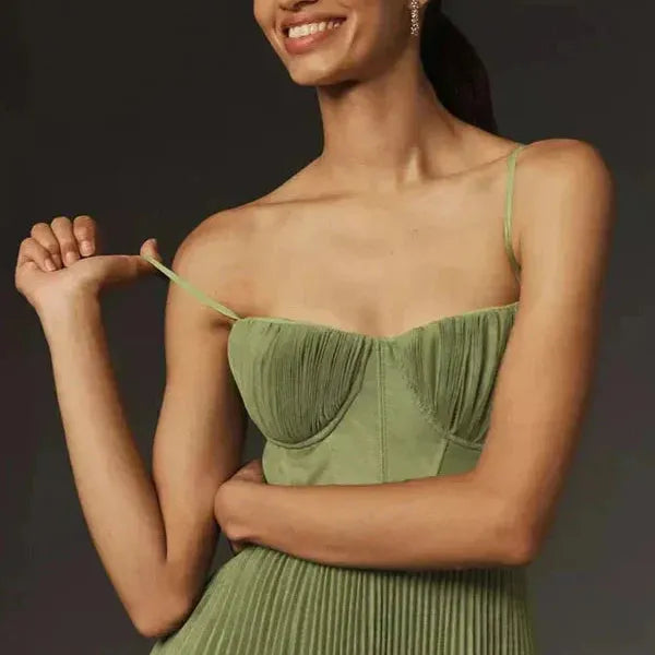 Olive Pleated Strap Midi Dress