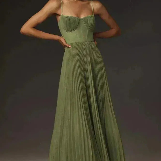 Olive Pleated Strap Midi Dress
