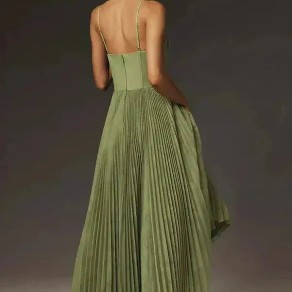 Olive Pleated Strap Midi Dress
