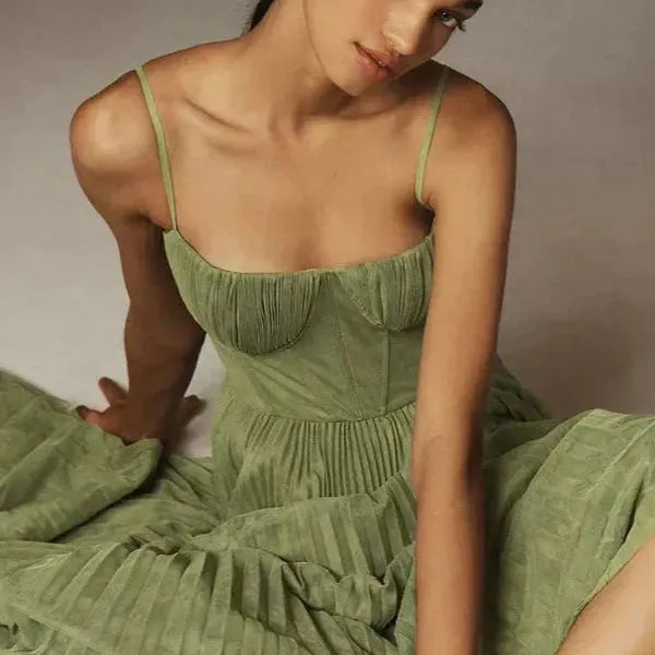 Olive Pleated Strap Midi Dress