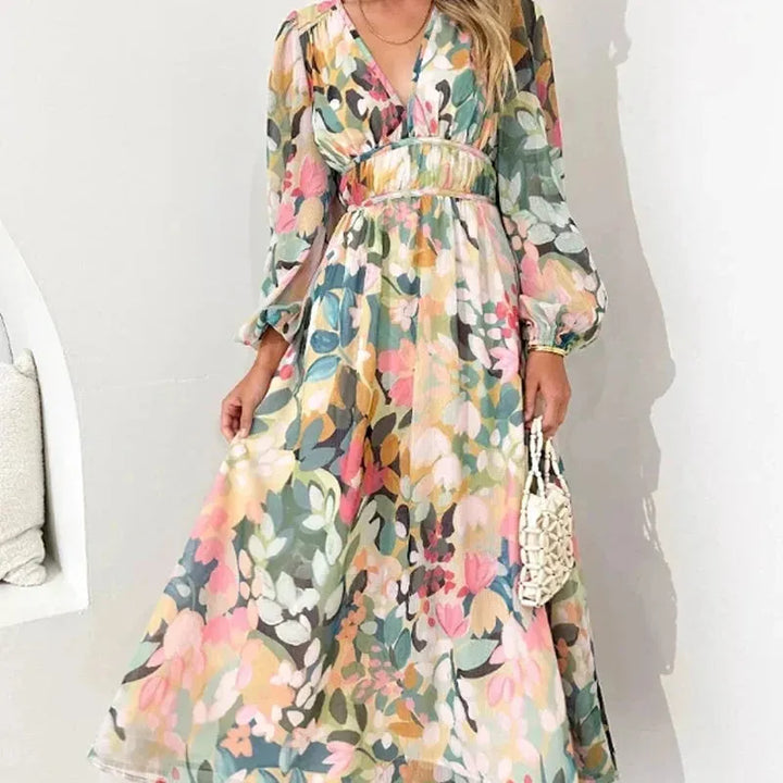Floral Long Sleeve V-Neck Maxi Dress