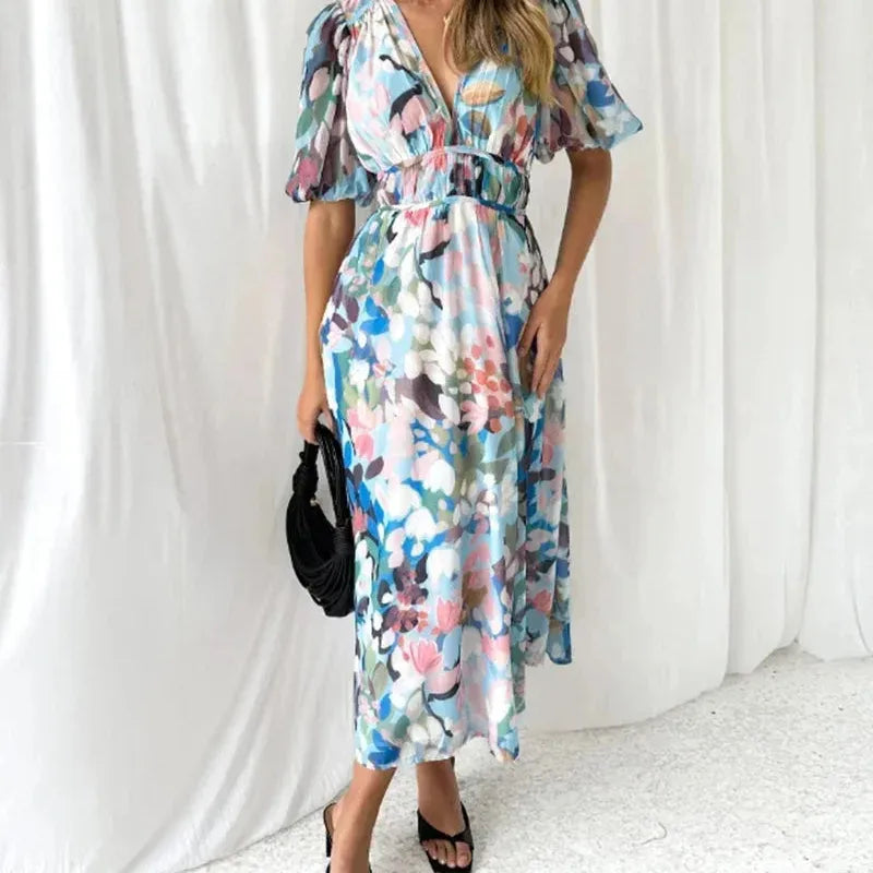 Floral Long Sleeve V-Neck Maxi Dress