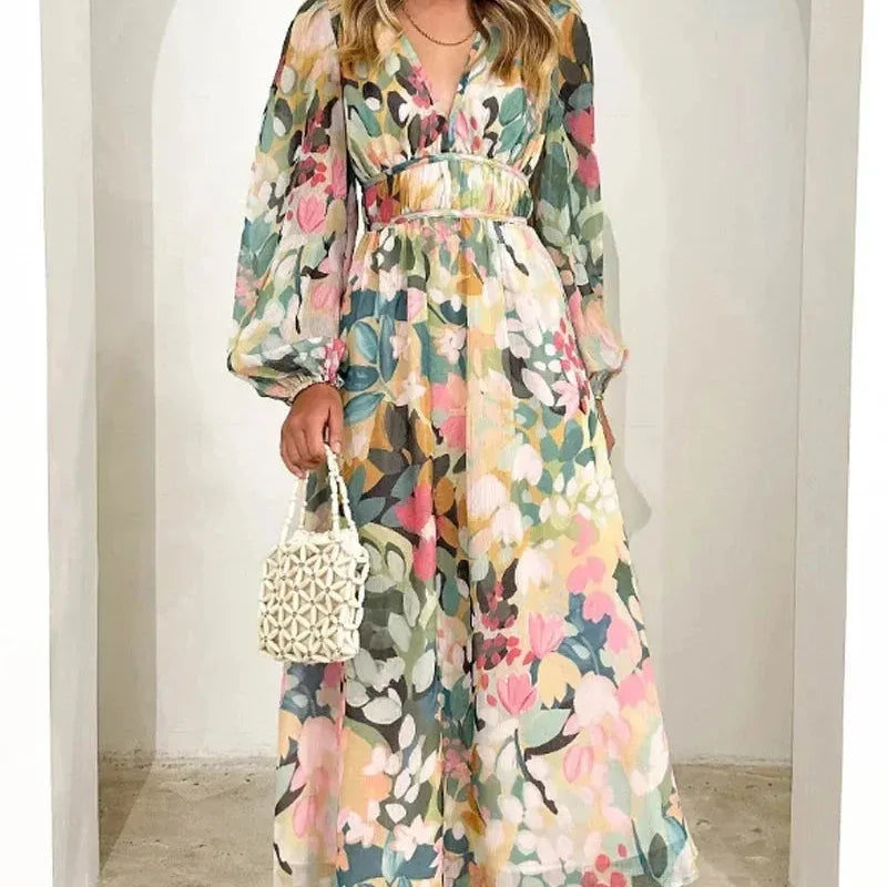 Floral Long Sleeve V-Neck Maxi Dress