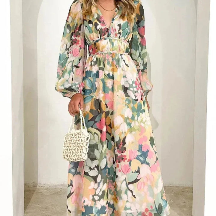 Floral Long Sleeve V-Neck Maxi Dress