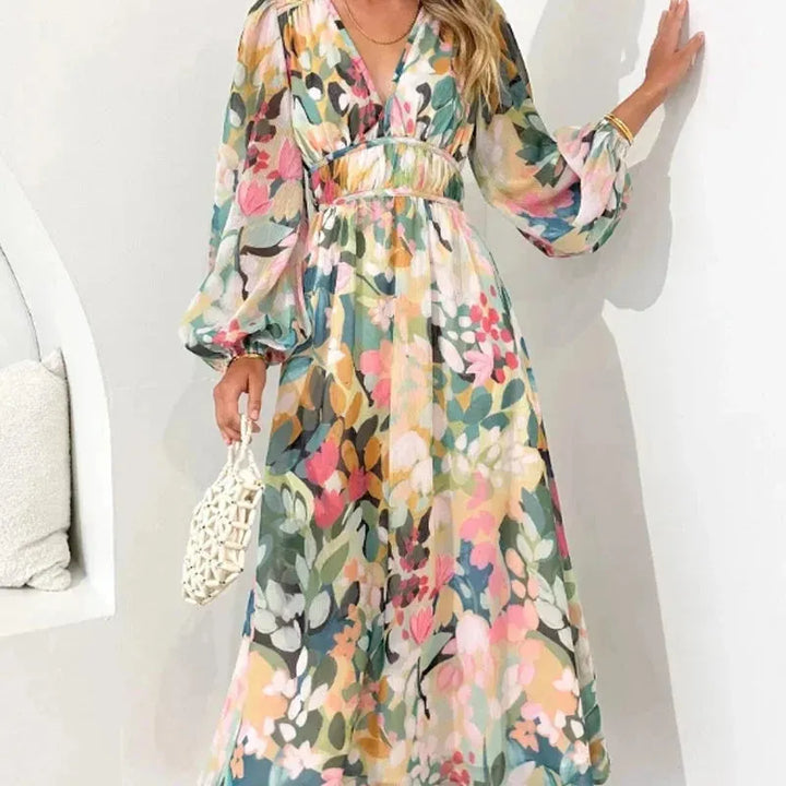 Floral Long Sleeve V-Neck Maxi Dress