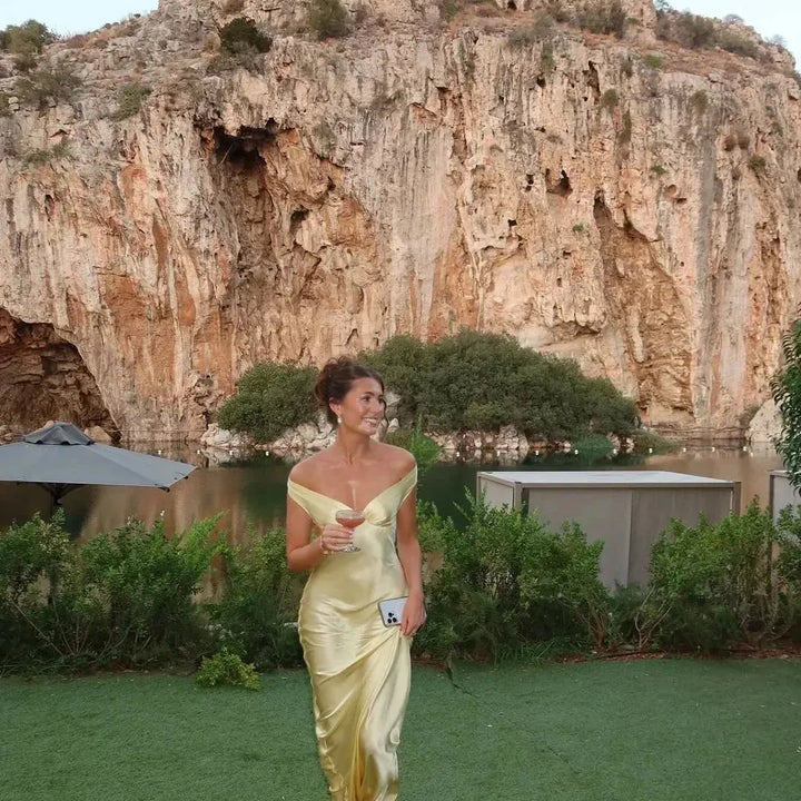Yellow Off-Shoulder Satin-Look Maxi Dress