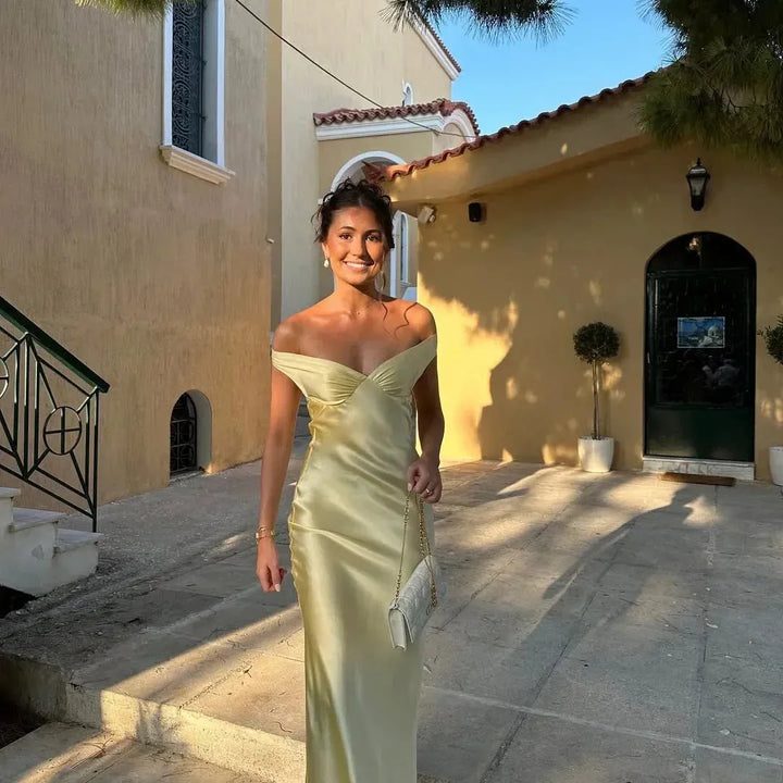 Yellow Off-Shoulder Satin-Look Maxi Dress