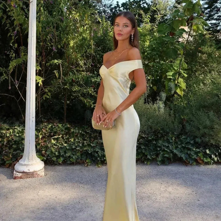 Yellow Off-Shoulder Satin-Look Maxi Dress