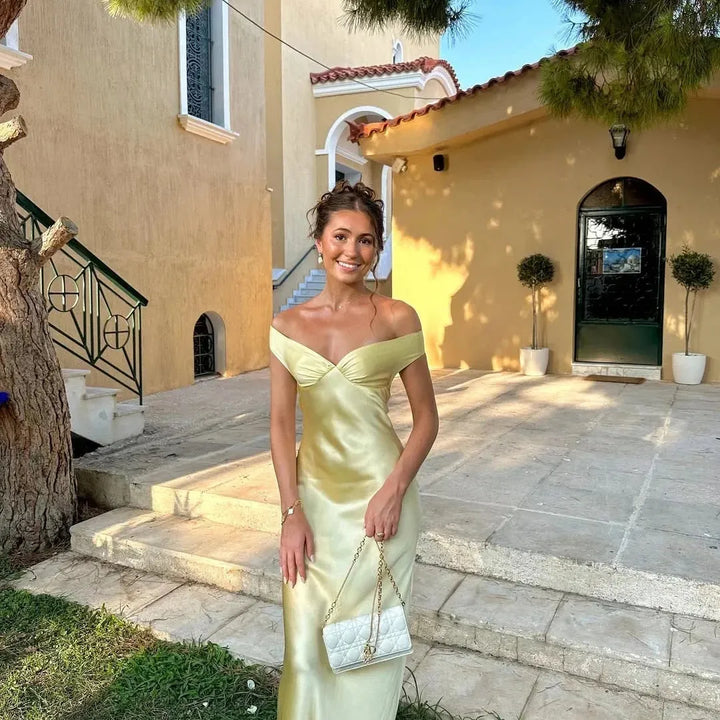 Yellow Off-Shoulder Satin-Look Maxi Dress