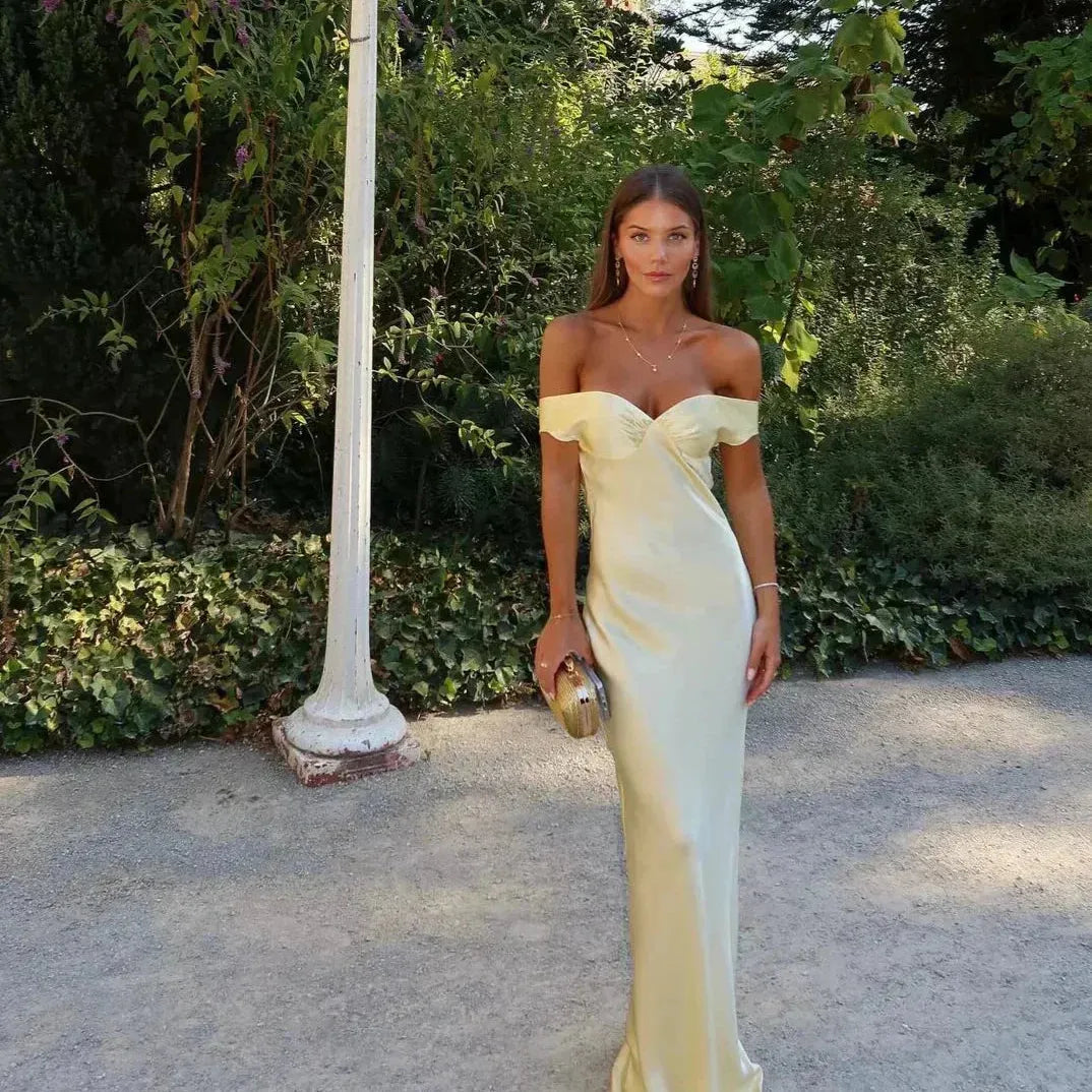 Yellow Off-Shoulder Satin-Look Maxi Dress