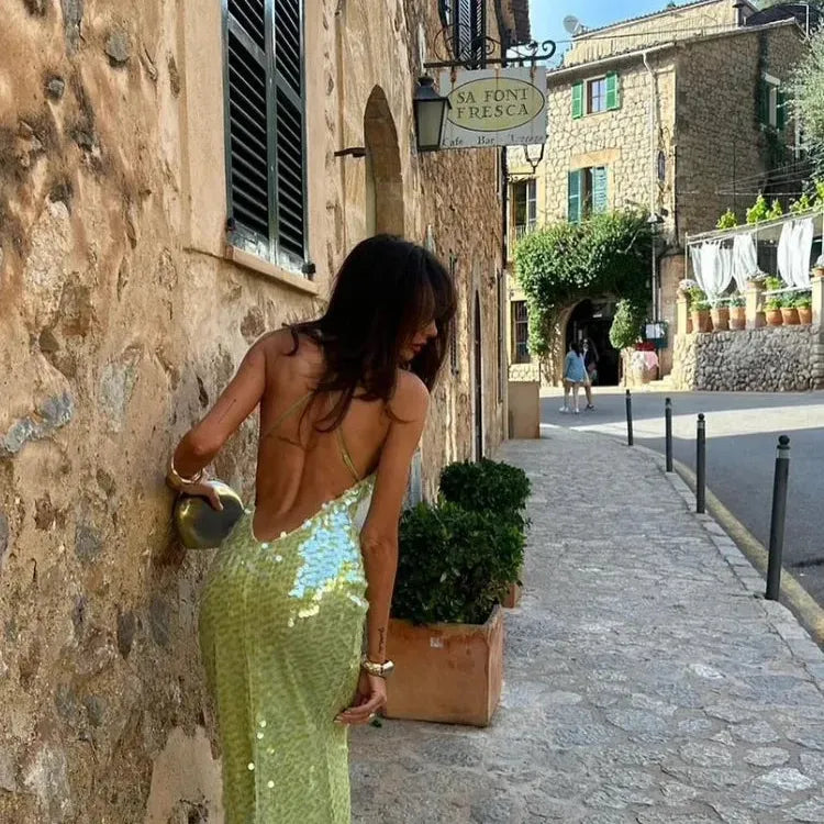 Green Sequin-Detail Backless Maxi Dress