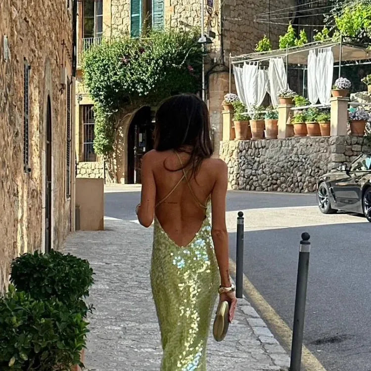 Green Sequin-Detail Backless Maxi Dress