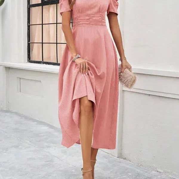 V-Neck Puff Sleeve Midi Dress