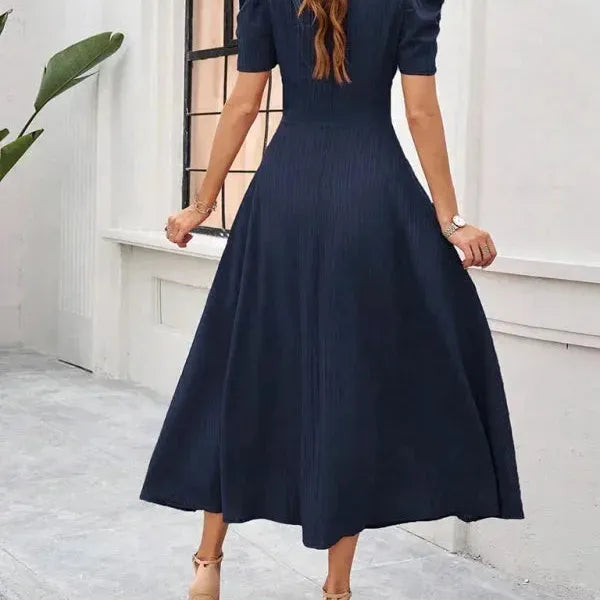V-Neck Puff Sleeve Midi Dress