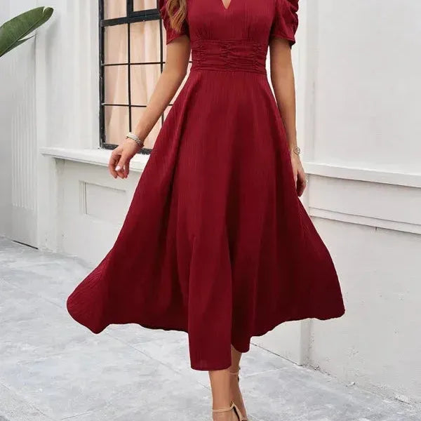 V-Neck Puff Sleeve Midi Dress