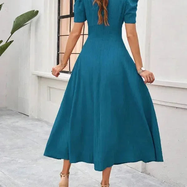 V-Neck Puff Sleeve Midi Dress